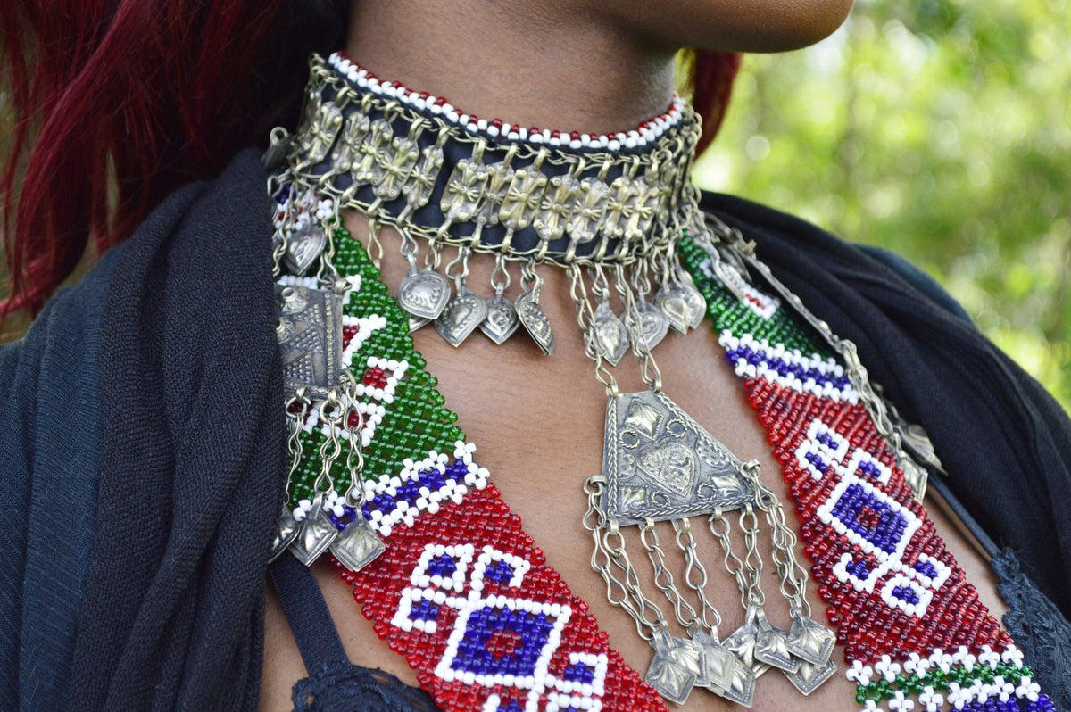 Necklace outlet - vintage Afghan metal beads with red enamel inlay